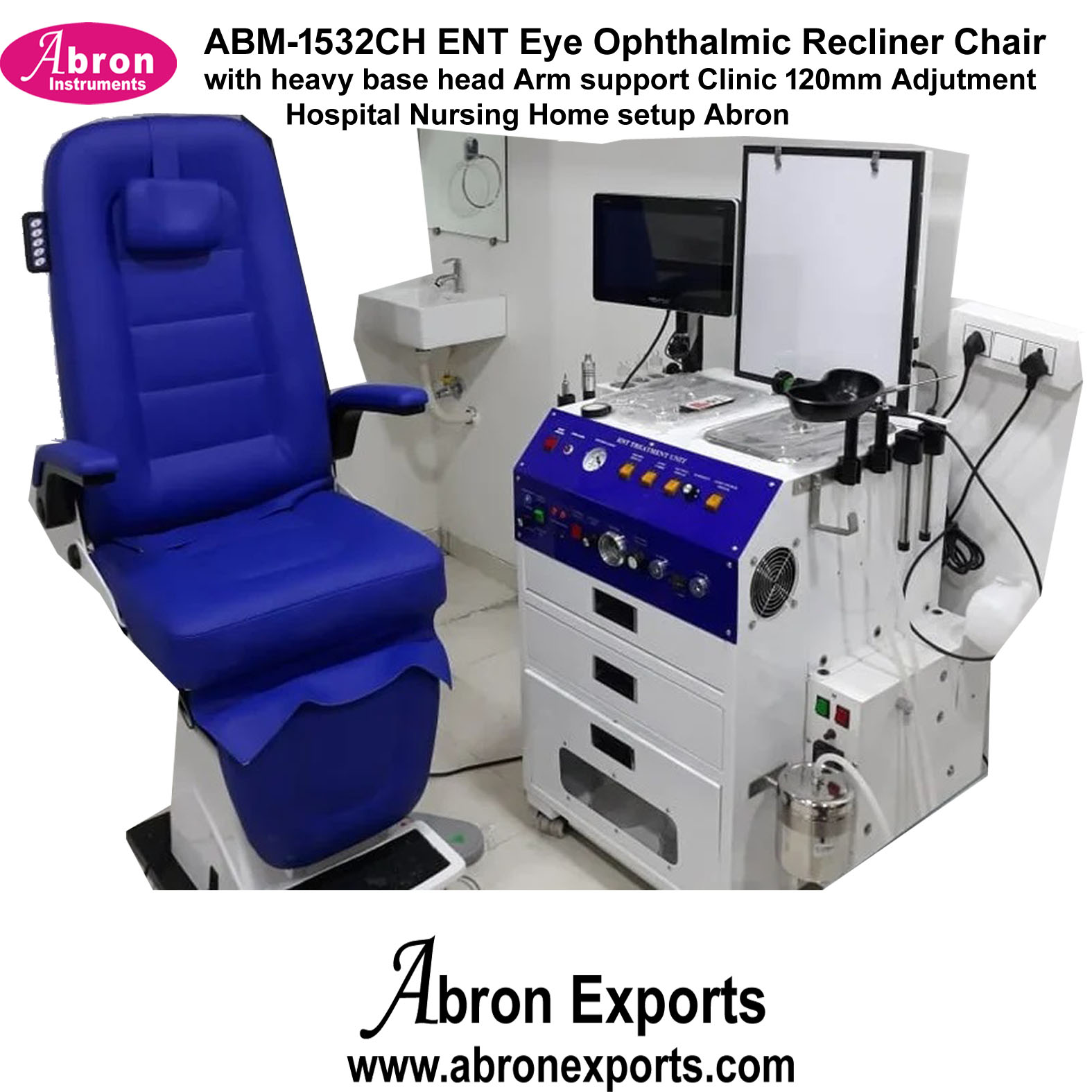 ENT Eye Ophthalmic Recliner Chair with heavy base head Arm support Clinic 120mm adjutment 1830Lx 600W x810H mmHospital Nursing Home setup Abron ABM-1532CH 